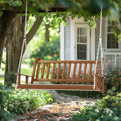Image showing  3-Person Outdoor Wooden Patio Porch Swing with Chains and Curved Bench, 793 lb. Capacity, 5 ft.