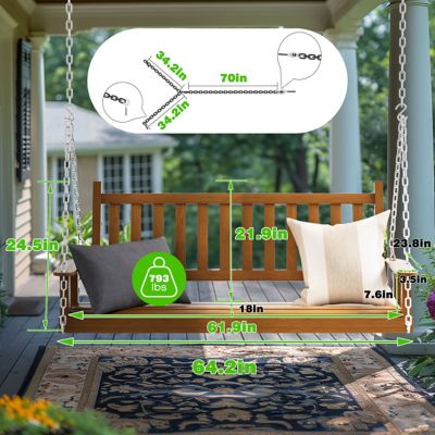 Image showing  3-Person Outdoor Wooden Patio Porch Swing with Chains and Curved Bench, 793 lb. Capacity, 5 ft.