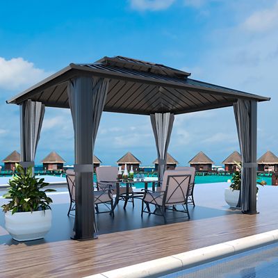 Veikous 10 ft. x 10 ft. Aluminum Double Hardtop Gazebo with Gray Curtains and Netting