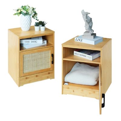 Veikous Bamboo Nightstands Accent Storage Cabinets Side End Table with Rattan Doors and Storage Cube (Set of 2)