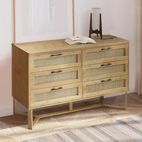 Veikous Bamboo 6-Drawer 47.4 in. W Dresser Rattan Chest of Drawer 