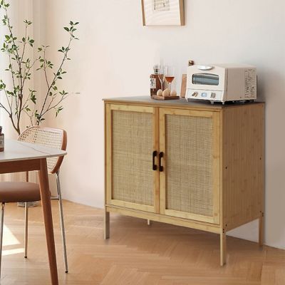 Veikous Bamboo 31.4 in. W Accent Cabinet Office Storage Cabinet Sideboard with Rattan Doors