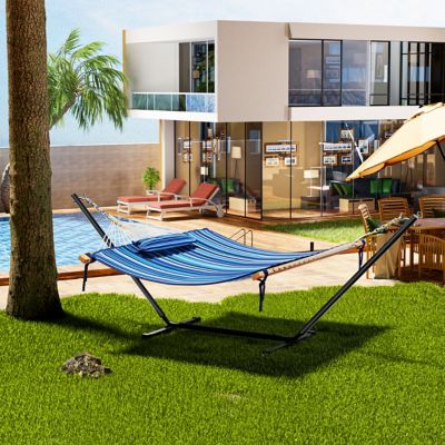 Veikous 12 ft. Quilted 2-Person Hammock Bed with Stand and Detachable Pillow, Blue