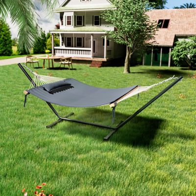 Veikous 12 ft. Quilted 2-Person Hammock Bed with Stand and Detachable Pillow