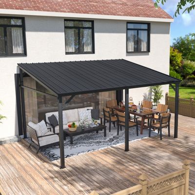 Veikous 14 ft. x 10 ft. Aluminum Patio Covers with Polycarbonate Roof Wall-Mount Gazebo Pergola, Black