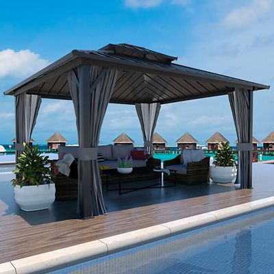 Veikous 12 ft. x 12 ft. Aluminum Double Hardtop Gazebo with Grey Curtains and Netting