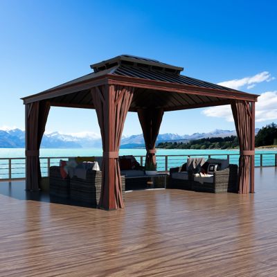 Veikous 10 ft. x 12 ft. Wood Grain Aluminum Hardtop Gazebo Double Roof with Curtains and Netting