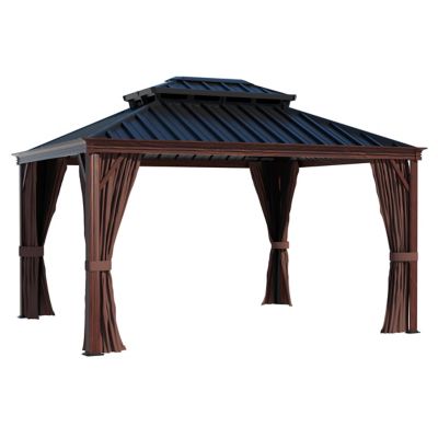 Image showing  10 ft. x 12 ft. Wood Grain Aluminum Hardtop Gazebo Double Roof with Curtains and Netting