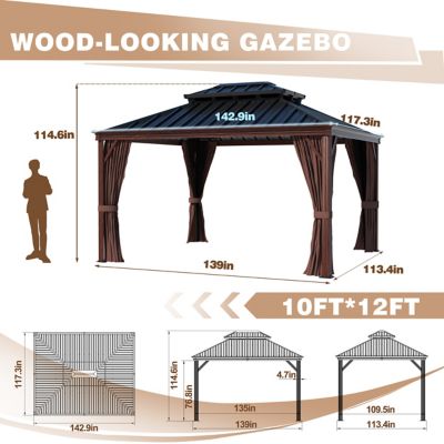 Image showing  10 ft. x 12 ft. Wood Grain Aluminum Hardtop Gazebo Double Roof with Curtains and Netting