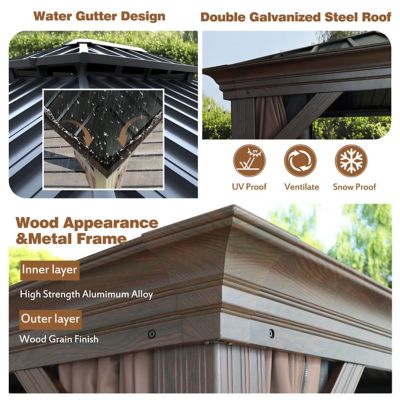 Image showing  10 ft. x 12 ft. Wood Grain Aluminum Hardtop Gazebo Double Roof with Curtains and Netting