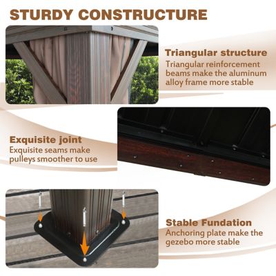 Image showing  10 ft. x 12 ft. Wood Grain Aluminum Hardtop Gazebo Double Roof with Curtains and Netting