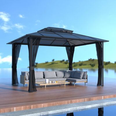 Veikous 13 FT. x 10 FT. Polycarbonate Double Top Gazebo with Gray Curtains and Netting