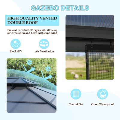 Image showing  13 ft. x 10 ft. Aluminum Gazebo Polycarbonate Double Top Roof with Black Netting