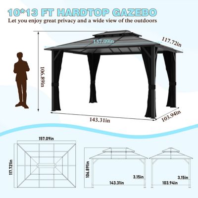 Image showing 7 th Veikous 13 ft. x 10 ft. Aluminum Gazebo Polycarbonate Double Top Roof with Black Netting