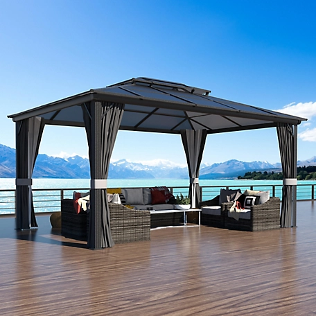 Veikous 12 ft. x 16 ft. Aluminum Gazebo Polycarbonate Double Top Roof with Gray Curtains and Netting