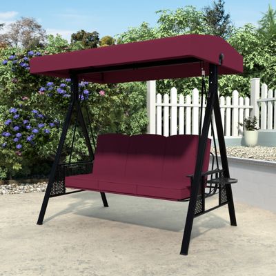 Veikous Metal Patio Swing Chair With Converting Canopy Porch Swing With Detachable Cushion and Side Trays, 3-Person