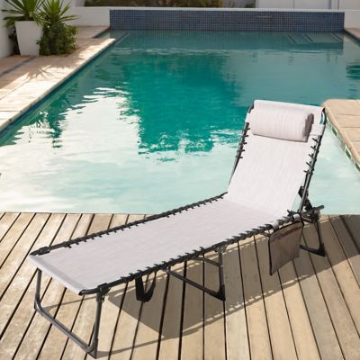 Veikous Outdoor Folding Chaise Lounge Chair Fully Flat for Beach with Side Pocket and Pillow