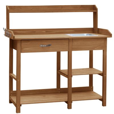 Veikous Wooden Potting Bench Table with Stainless Sink and Drawer, Natural