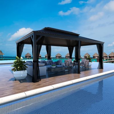 Veikous 12 ft. x 20 ft. Aluminum Double Hardtop Gazebo with Grey Curtains and Netting