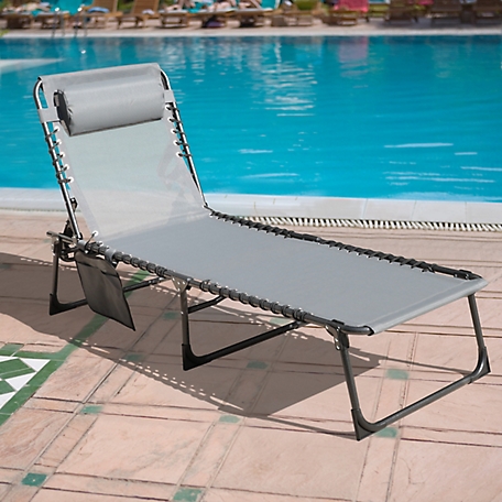 Veikous Outdoor Folding Chaise Lounge Chair Fully Flat for Beach with Pillow and Side Pocket