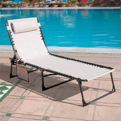 Veikous Outdoor Folding Chaise Lounge Chair Fully Flat for Beach with Pillow and Side Pocket