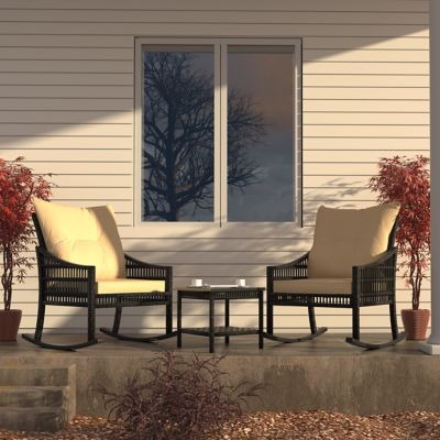 Veikous 3-Piece Patio Wicker Outdoor Rocking Chair Set with Cushions ...
