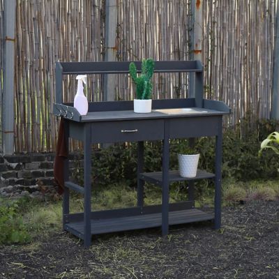 Image showing  Garden Potting Bench Wood Table with Stainless Sink and Drawer, Gray, 47.9 in.