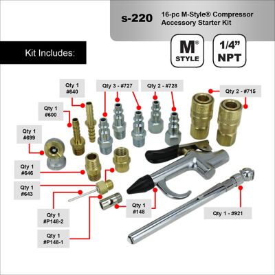 Milton Air Compressor Accessory Tool Kit, 1/4 in. NPT Air Hose Tool Fittings,Tire Pressure Gauge