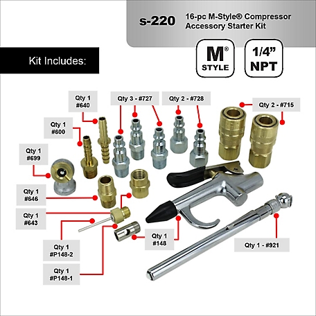 Milton Air Compressor Accessory Tool Kit, 1/4 in. NPT Air Hose Tool Fittings,Tire Pressure Gauge