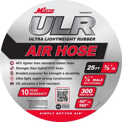 Image showing 5 th Milton ULR Ultra Lightweight Rubber Hose, 3/8 in. ID x 25 ft. 1/4 in. MNPT, Durable Air Hose for Extreme Environments