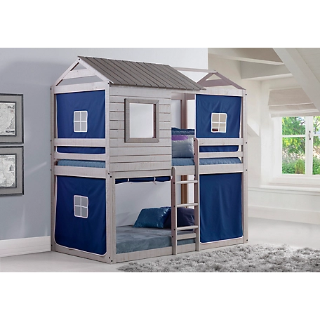 Donco Kids Deer Blind Twin Over Twin Rustic Grey House Bunkbed with Tent