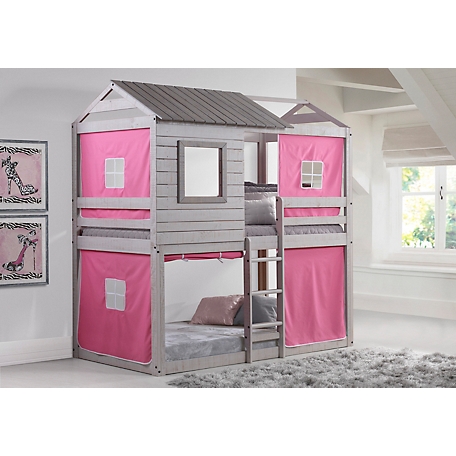 Donco Kids Deer Blind Twin Over Twin Rustic Grey House Bunkbed with Tent