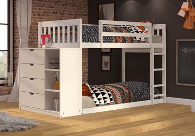Donco Kids Moby Mission Twin Over Twin White Bunkbed with 4 Drawer Dresser & Shelves