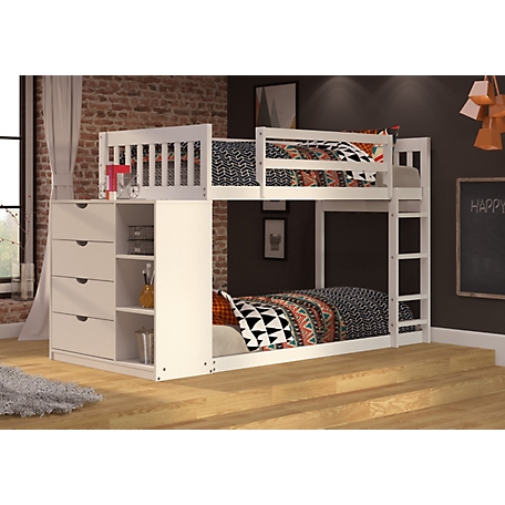Donco Kids Moby Mission Twin Over Twin White Bunkbed with 4 Drawer Dresser & Shelves