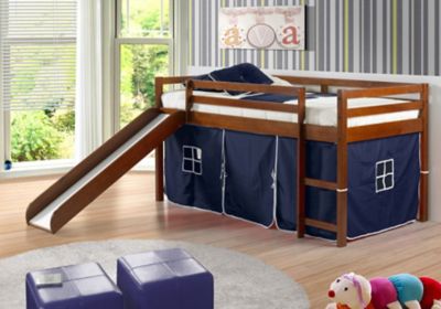Donco Kids Tent Twin Espresso Low Loft Bed with Slide & Tent