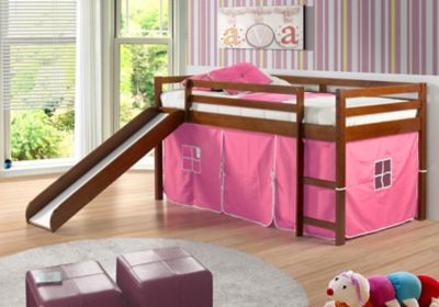 Donco Kids Tent Twin Espresso Low Loft Bed with Slide & Tent