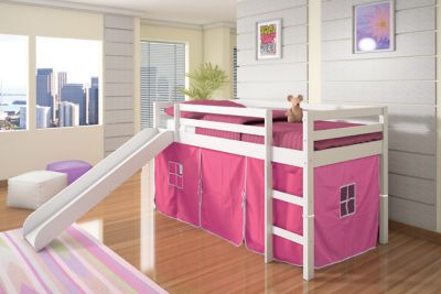 Donco Kids Tent Twin White Low Loft Bed with Slide & Tent