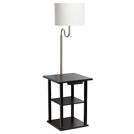 Simple Designs 2 -Tier End Table Floor Lamp Combination with 2 x USB Charging Ports & Power Outlet with White Drum Fabric Shade