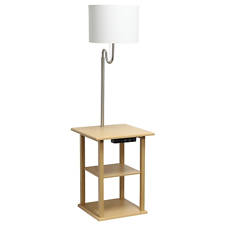 Simple Designs 2 -Tier End Table Floor Lamp Combination with 2 x USB Charging Ports & Power Outlet with White Drum Fabric Shade