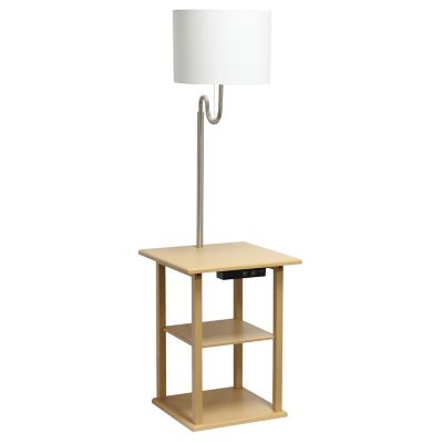 Image showing  2 -Tier End Table Floor Lamp Combination with 2 x USB Charging Ports & Power Outlet with White Drum Fabric Shade