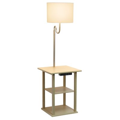 Image showing  2 -Tier End Table Floor Lamp Combination with 2 x USB Charging Ports & Power Outlet with White Drum Fabric Shade