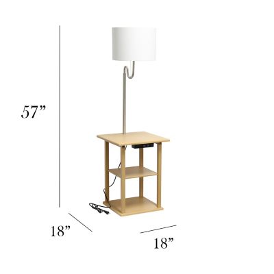 Image showing  2 -Tier End Table Floor Lamp Combination with 2 x USB Charging Ports & Power Outlet with White Drum Fabric Shade