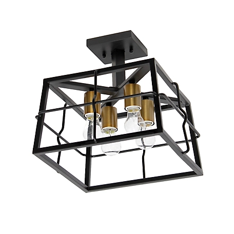 Lalia Home Ironhouse Four Light Decorative Squared Metal Semi Flush Mount Celling Light Fixture with Exposed Lights