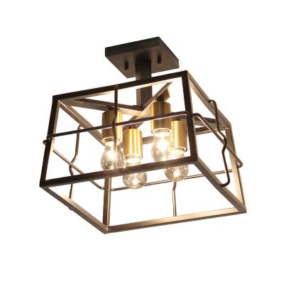 Image showing  Ironhouse Four Light Decorative Squared Metal Semi Flush Mount Celling Light Fixture with Exposed Lights