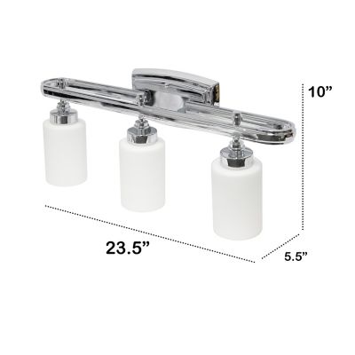 Image showing  Contemporary Three Light Metal and Opaque White Glass Shade Vanity Wall Mounted Fixture with Rectangle Backplate