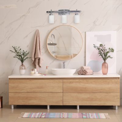 Image showing  Contemporary Three Light Metal and Opaque White Glass Shade Vanity Wall Mounted Fixture with Rectangle Backplate