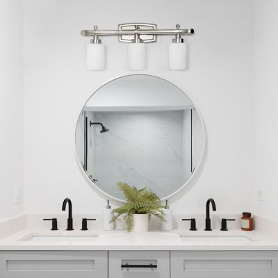 Image showing  Contemporary Three Light Metal and Opaque White Glass Shade Vanity Wall Mounted Fixture with Rectangle Backplate