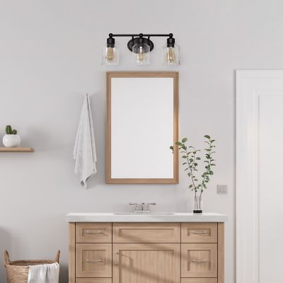 Lalia Home Studio Loft Three Light Metal and Clear Seeded Glass Shade Vanity Wall Mounted Fixture with Matching Metal Accents