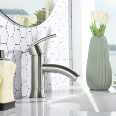 Image showing  Kree Sweep Single-Handle Single Hole Bathroom Faucet Rust and Scratch Resist with Drain Assembly in Brushed Nickel