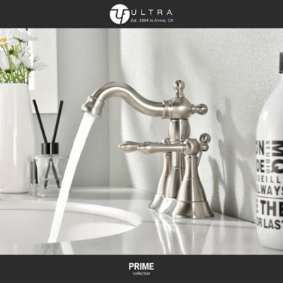 Image showing  Prime 4 in. Centerset Double-Handle Bathroom Faucet Rust Resist with Drain Assembly in Brushed Nickel